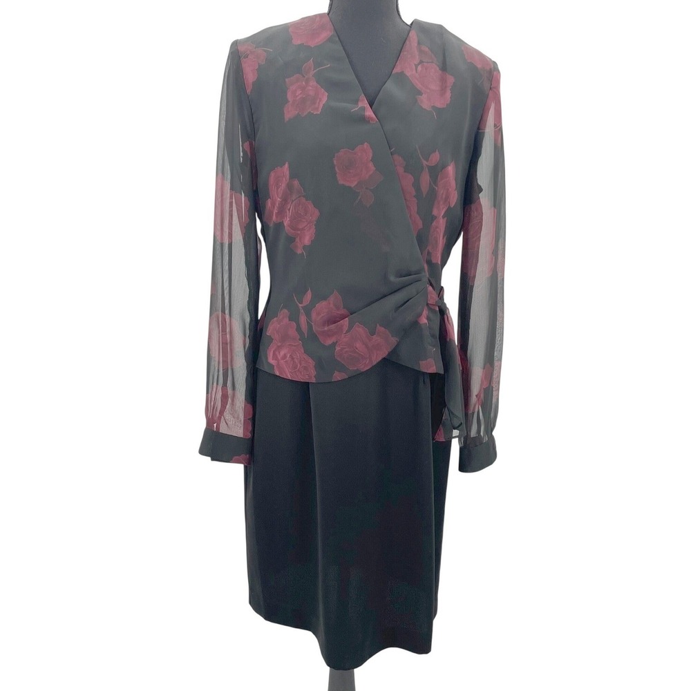 John Roberts Vintage Faux Wrap Dress Red Rose Floral Sheer Sleeve Black‎ Size 10